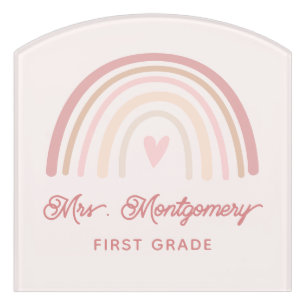 Personalized Teacher Boho Beige Blush Rainbow Door Sign