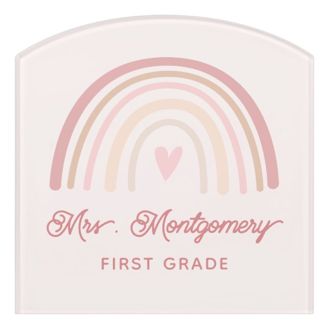 Personalized Teacher Boho Beige Blush Rainbow Door Sign (Contour Front)