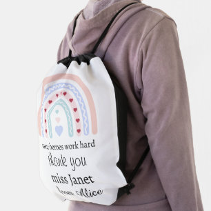 Personalized Teacher Christmas Pink Rainbow Hearts Drawstring Bag