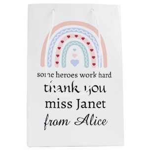 Personalized Teacher Christmas Pink Rainbow Hearts Medium Gift Bag