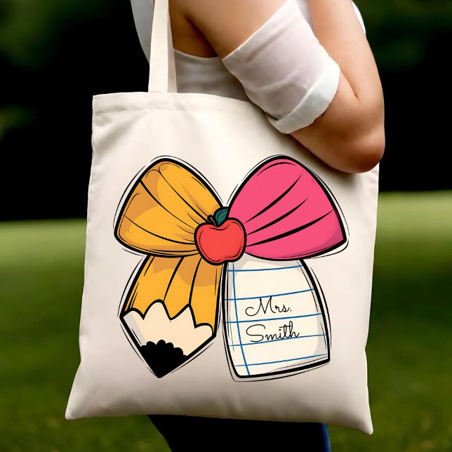 Personalized Teacher Coquette Bow Teacher Name Tote Bag (Creator Uploaded)