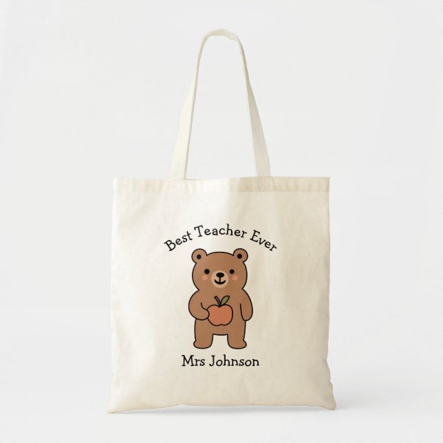 Personalized Teacher, Cute Bear, Best Teacher Ever Tote Bag (Front)