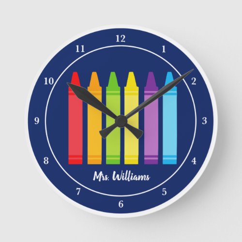 Personalized Teacher Cute Crayon Blue Classroom  Round Clock