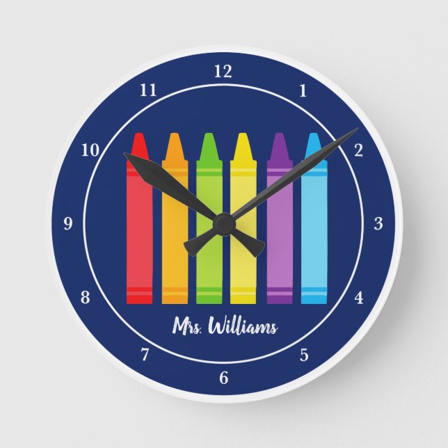 Personalized Teacher Cute Crayon Blue Classroom  Round Clock (Front)