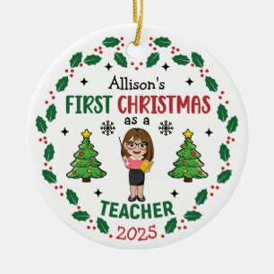 Personalized Teacher First Christmas Tree Round Ceramic Ornament