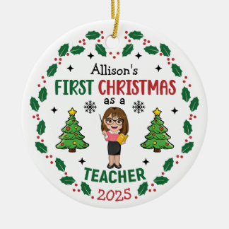 Personalized Teacher First Christmas Tree Round Ceramic Ornament