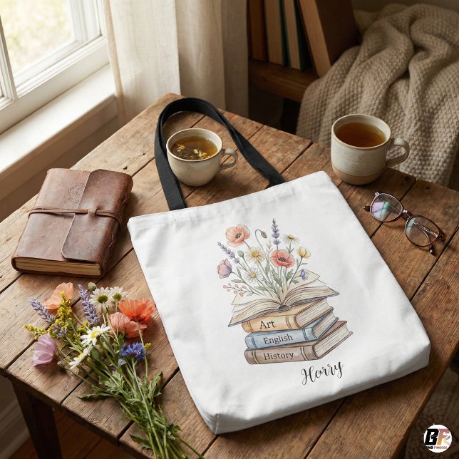 Personalized Teacher Floral Book Stack Custom Gift Tote Bag (Creator Uploaded)