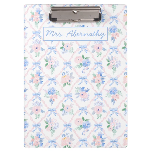 Personalized Teacher Floral Ribbon Bows  Clipboard (Front)