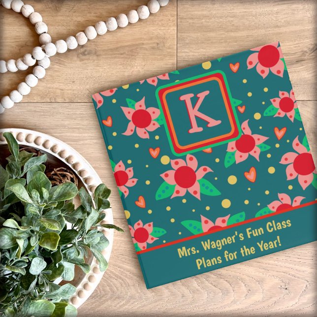 Personalized Teacher Fun Pink Flowers Initial Name 3 Ring Binder (Creator Uploaded)