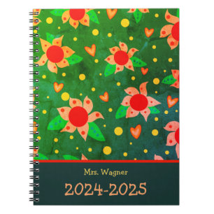 Personalized Teacher Fun Retro Flowers Green Notebook