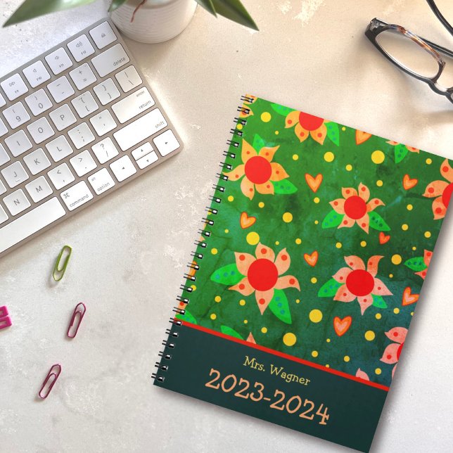 Personalized Teacher Fun Retro Flowers Green  Planner (Creator Uploaded)