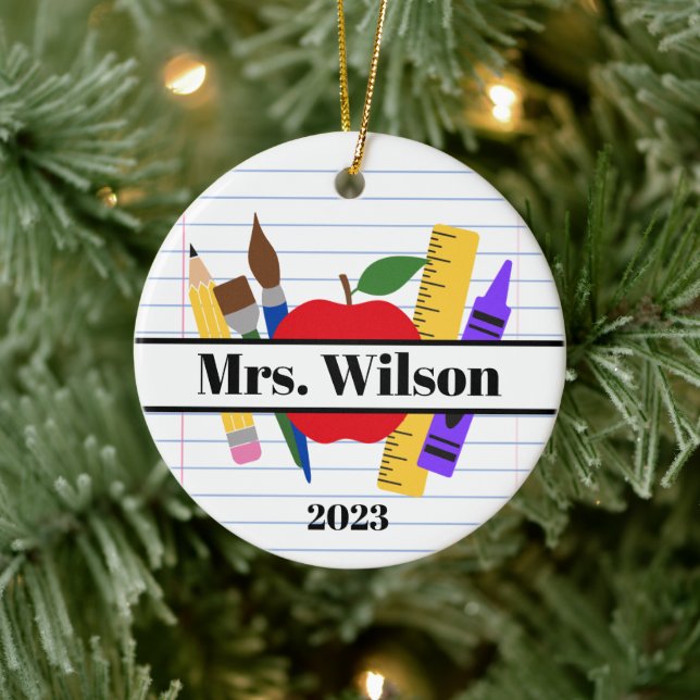 Personalized Teacher Gift Apple Ruler Pencil Ceramic Ornament (Tree)