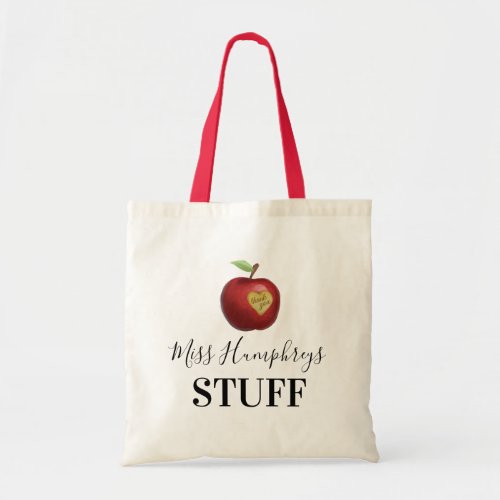 Personalized Teacher Gift Tote Bag - Unique teacher gift tote bag featuring your teachers name, an apple with a heart carved out, and the words "Thank you".