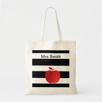 Personalized Teacher Glitter Apple Striped Tote Bag by Lorriscustomart at Zazzle