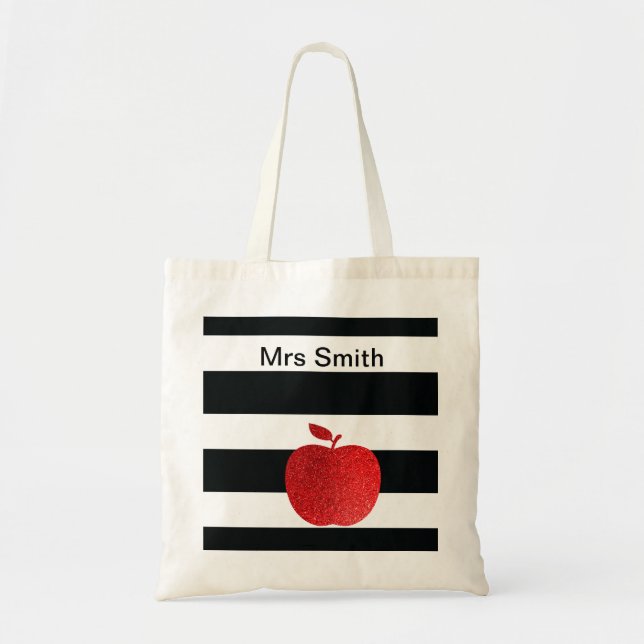 Personalized Teacher Glitter Apple Striped Tote Bag (Front)