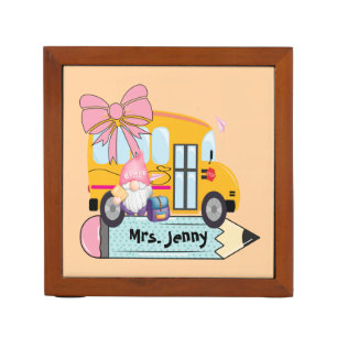 Personalized Teacher Gnome School Bus Desk Organizer