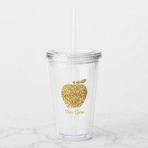 Personalized Teacher Gold Faux Sequin Apple Acrylic Tumbler