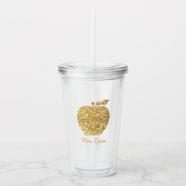 Personalized Teacher Gold Faux Sequin Apple Acrylic Tumbler (Front)