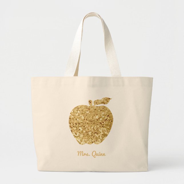 Personalized Teacher Gold Faux Sequin Apple Glam Large Tote Bag (Front)