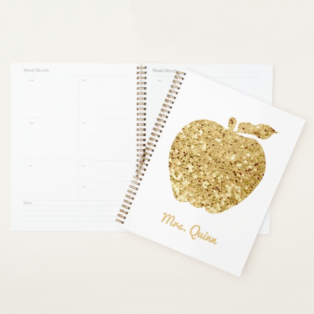 Personalized Teacher Gold Faux Sequin Apple Planner (Display)