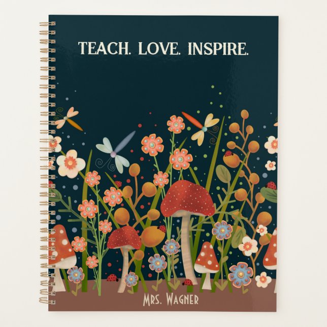 Personalized Teacher Mushroom Floral Dragonfly  Planner (Front)