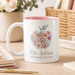 Personalized Teacher Name and Grade Floral Apple Two-Tone Coffee Mug