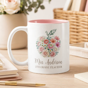 Personalized Teacher Name and Grade Floral Apple Two-Tone Coffee Mug