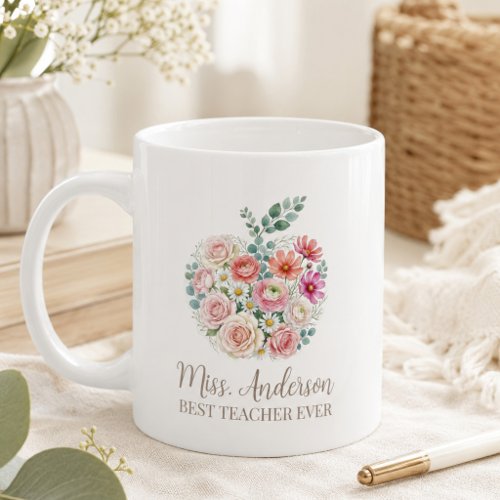 Personalized Teacher Name Floral Apple Coffee Mug