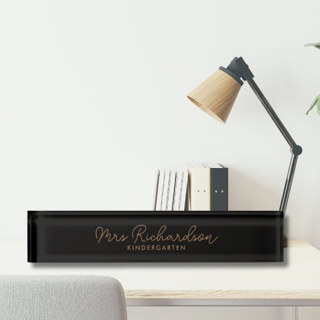 Personalized Teacher Name Grade Minimalist Modern Desk Name Plate (teacher desk accessories custom black and gold teacher nameplate)