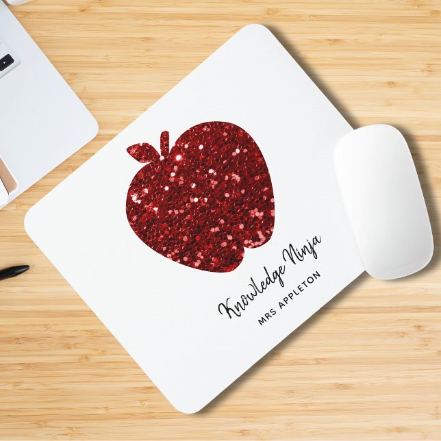 Personalized Teacher Name Red Apple Faux Glitter  Mouse Pad (Personalize as required with  Text and Name. Matching items available)