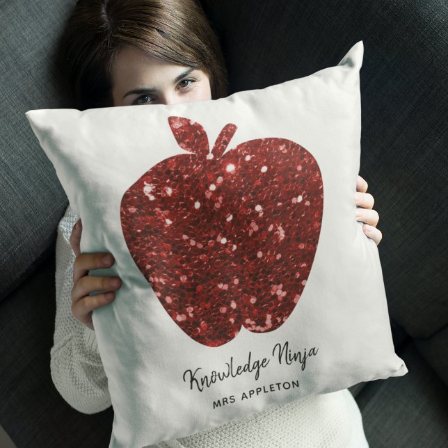 Personalized Teacher Name Red Apple Faux Glitter Throw Pillow (Creator Uploaded)