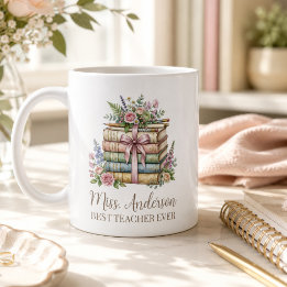 Personalized Teacher Name Stacked Books Watercolor Coffee Mug
