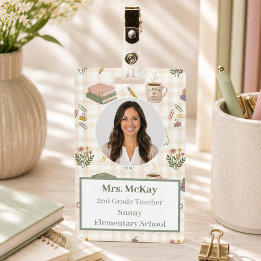 Personalized Teacher Photo ID Badge Gingham 