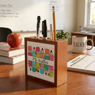 Personalized Teacher Rainbow Pencil Desk Organizer