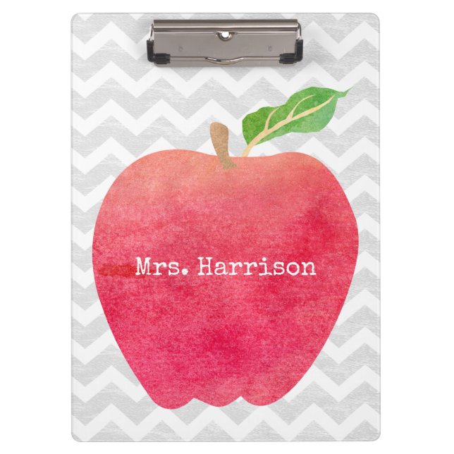Personalized Teacher Red Apple Gray Chevron Clipboard (Front)