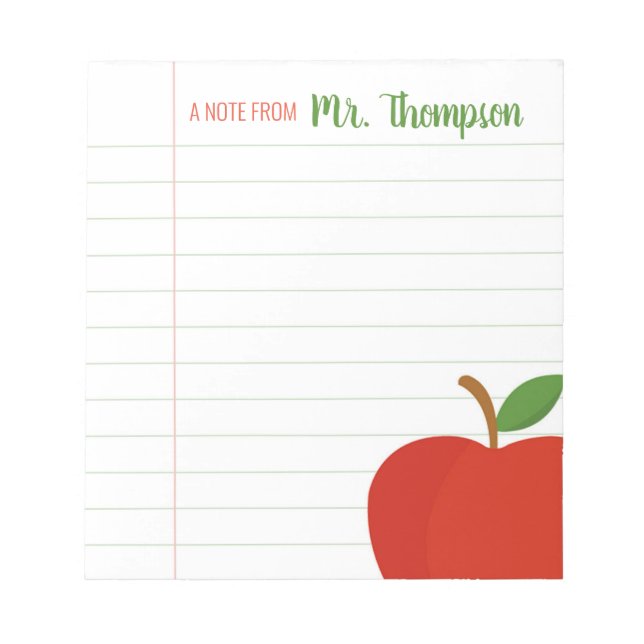 Personalized Teacher Red Apple Notepad (Front)