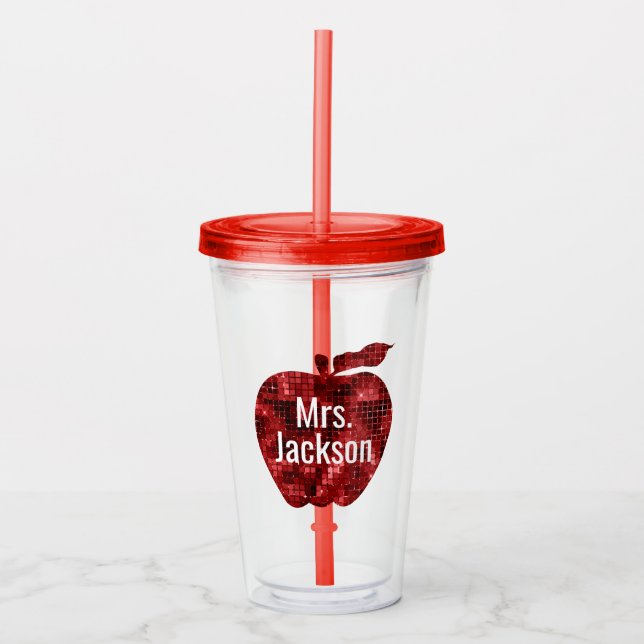 Personalized Teacher Red Faux Sequin Apple Acrylic Tumbler (Front)