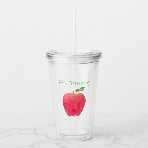 Personalized Teacher Red Watercolor Apple Acrylic Tumbler