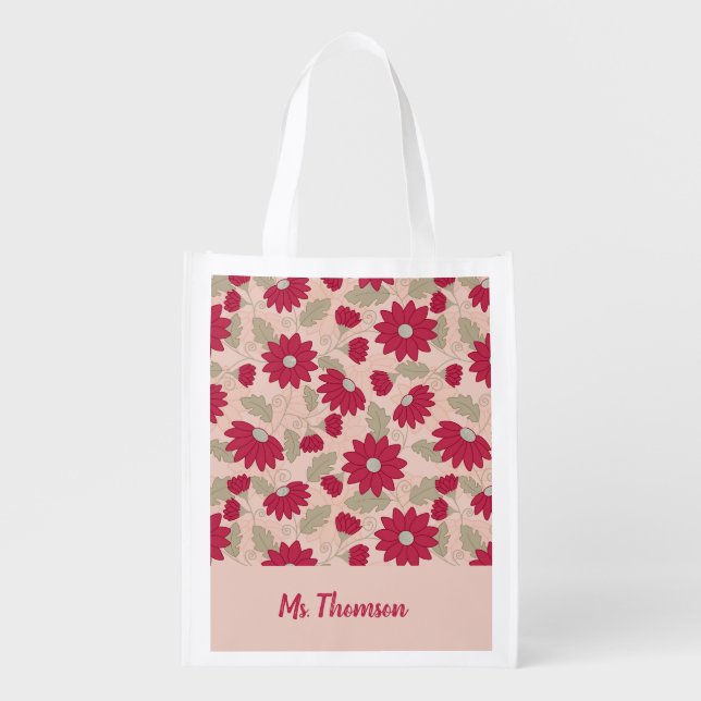 Personalized teacher’s gift, pink daisies  grocery bag (Front)