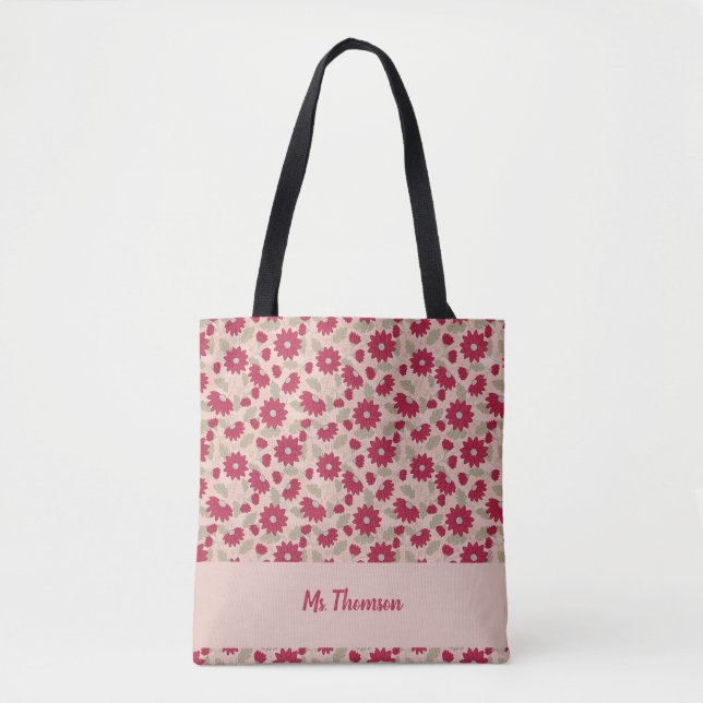 Personalized teacher’s gift, pink daisies  tote bag (Front)