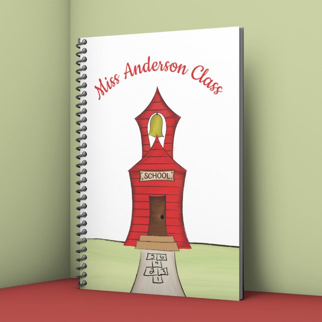 Personalized Teacher Schoolhouse Hopscotch  Notebook (Personalized teacher notebook with red schoolhouse and hopscotch illustration for classroom notes.)