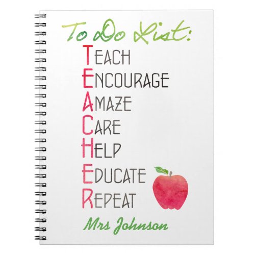 Personalized Teacher To do List Apple Typography Notebook
