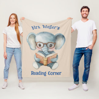 Personalized Teacher Watercolor Elephant Reading Fleece Blanket