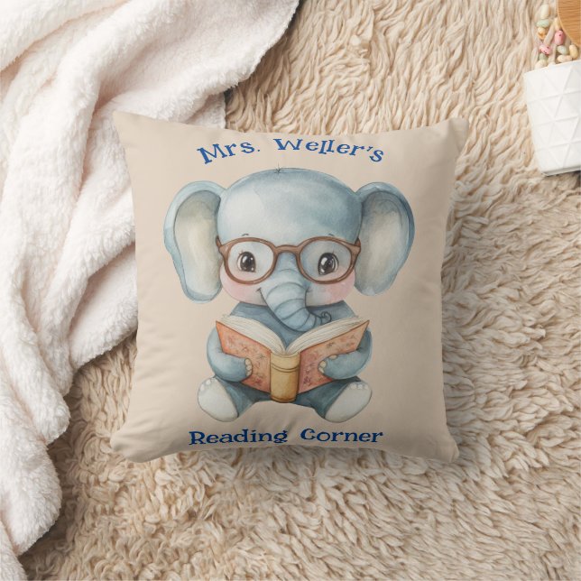 Personalized Teacher Watercolor Elephant Reading Throw Pillow (Blanket)