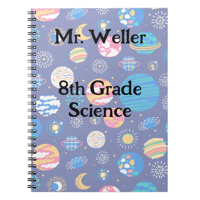 Personalized teacher with planets on navy blue notebook (Front)