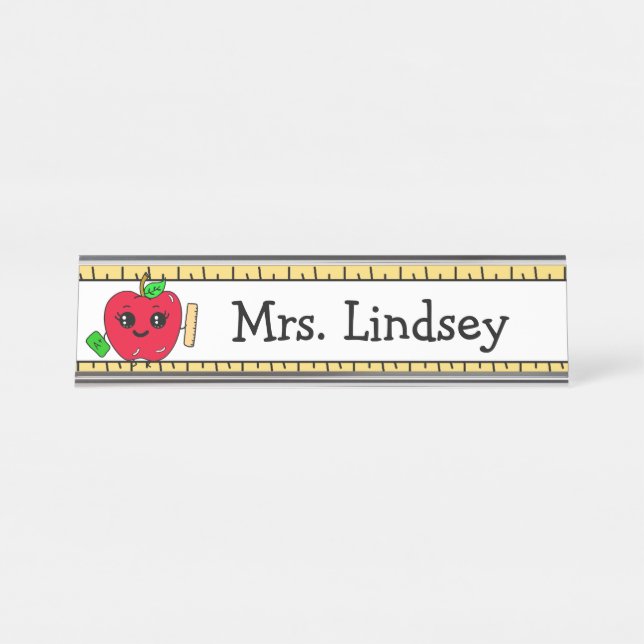 Personalized Teacher's Cartoon Apple and Ruler Desk Name Plate (Front)