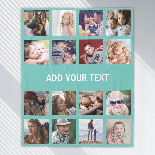 Personalized Teal 16 Photo Collage Fleece Blanket