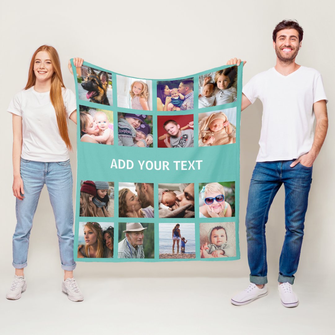 Personalized Teal 16 Photo Collage Fleece Blanket Zazzle