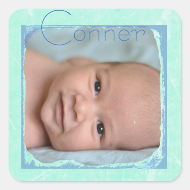 Personalized Teal and Blue Baby Photo Stickers (Front)