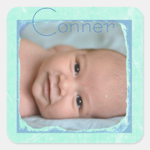 Personalized Teal and Blue Baby Photo Stickers